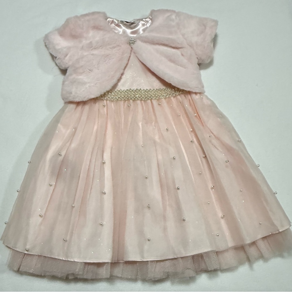 Couture Princess Girls 4 Embellished Pink Dress With Faux Fur Bolero - NWT